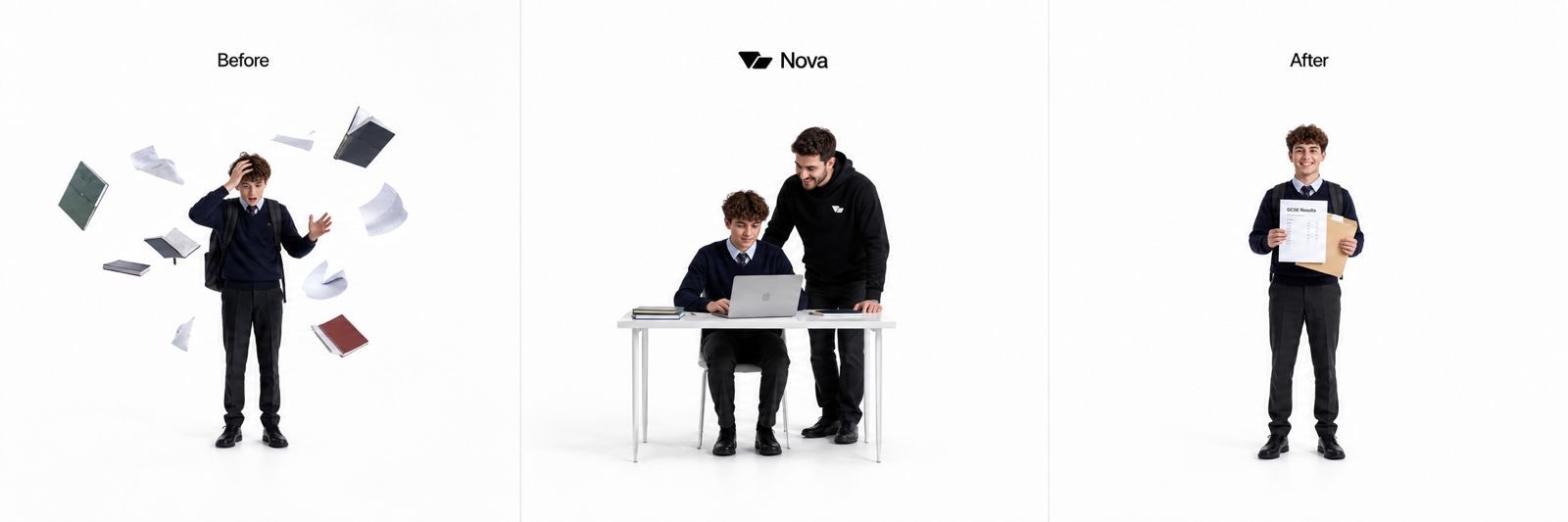 Three-part Nova image: a learner surrounded by schoolwork, working with a tutor, and holding results
